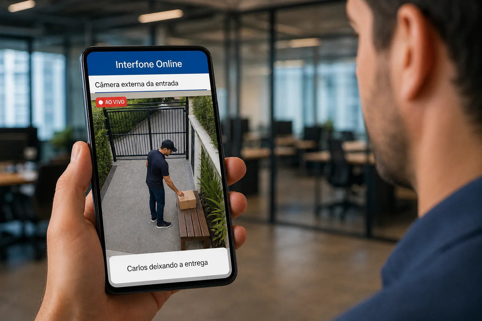 Interfone Online exibindo câmera externa enquanto entregador deixa uma encomenda